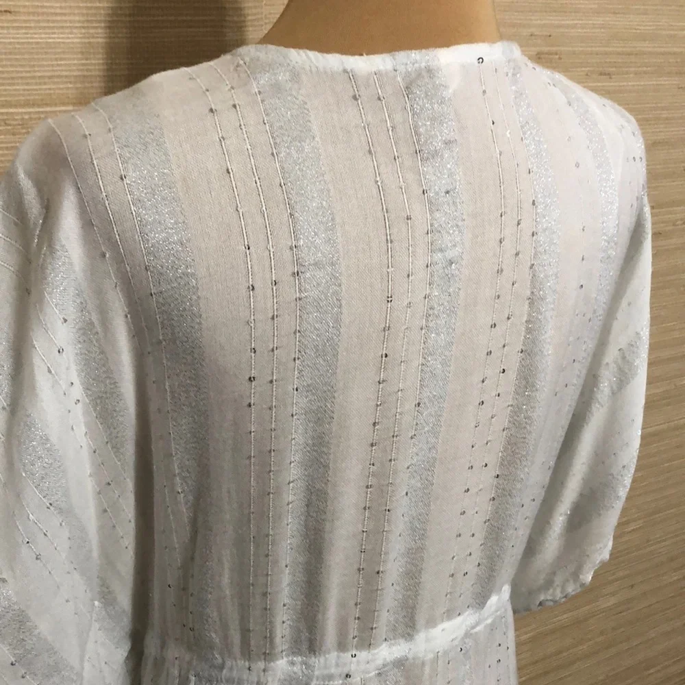 White Women's Swim Drawstring Waist Silver Sequin Tassel Sheer Cover-Up L/XL